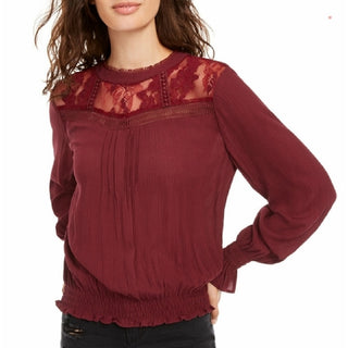 American Rag Juniors' Lace-Trimmed Smocked-Waist Blouse Dark Red Size Extra Small