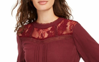 American Rag Juniors' Lace-Trimmed Smocked-Waist Blouse Dark Red Size Extra Small