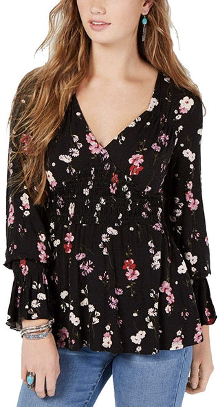 American Rag Juniors'' Printed Smocked Top  Black Size Small