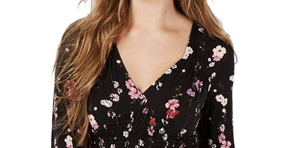 American Rag Juniors'' Printed Smocked Top  Black Size Small