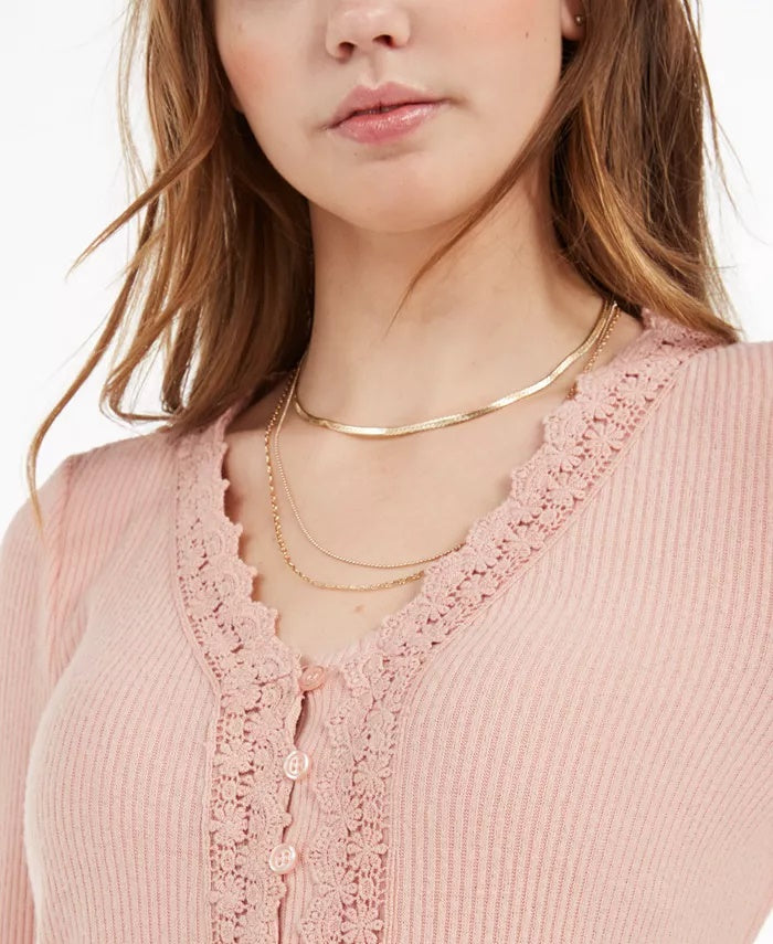 American Rag Women's Juniors' Lace-Trimmed Button-Front Top Brght Pink Size Medium