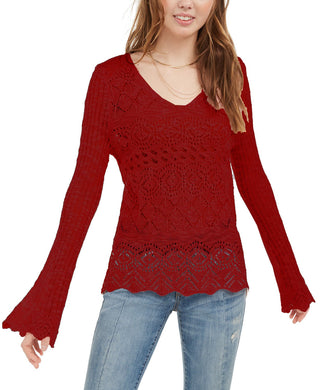 American Rag Juniors' Pointelle-Knit Flared-Sleeve Sweater Red Size Small