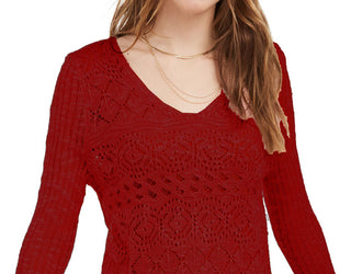 American Rag Juniors' Pointelle-Knit Flared-Sleeve Sweater Red Size Small