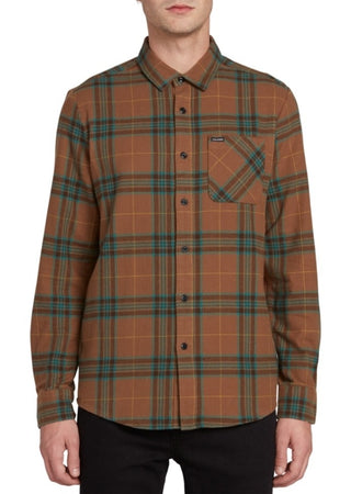 Volcom Men's Caden Herringbone Plaid Shirt Brown Size Small