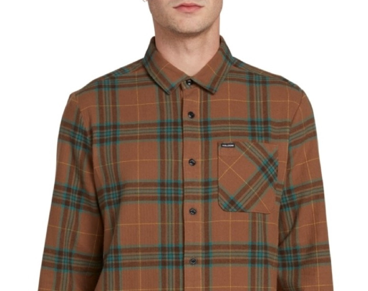 Volcom Men's Caden Herringbone Plaid Shirt Brown Size Small