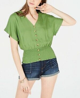 Planet Gold Juniors' Button-Up Smocked Top Dark Green Size Extra Large