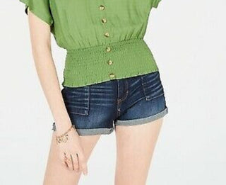 Planet Gold Juniors' Button-Up Smocked Top Dark Green Size Extra Large