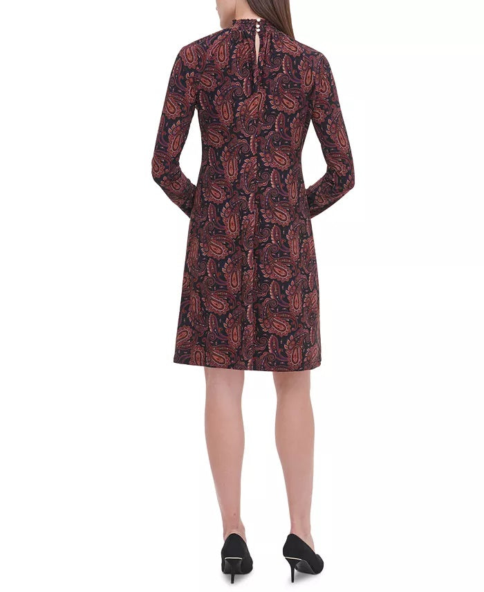 Tommy Hilfiger Women's Paisley Mock-Neck Dress Blue Size 14