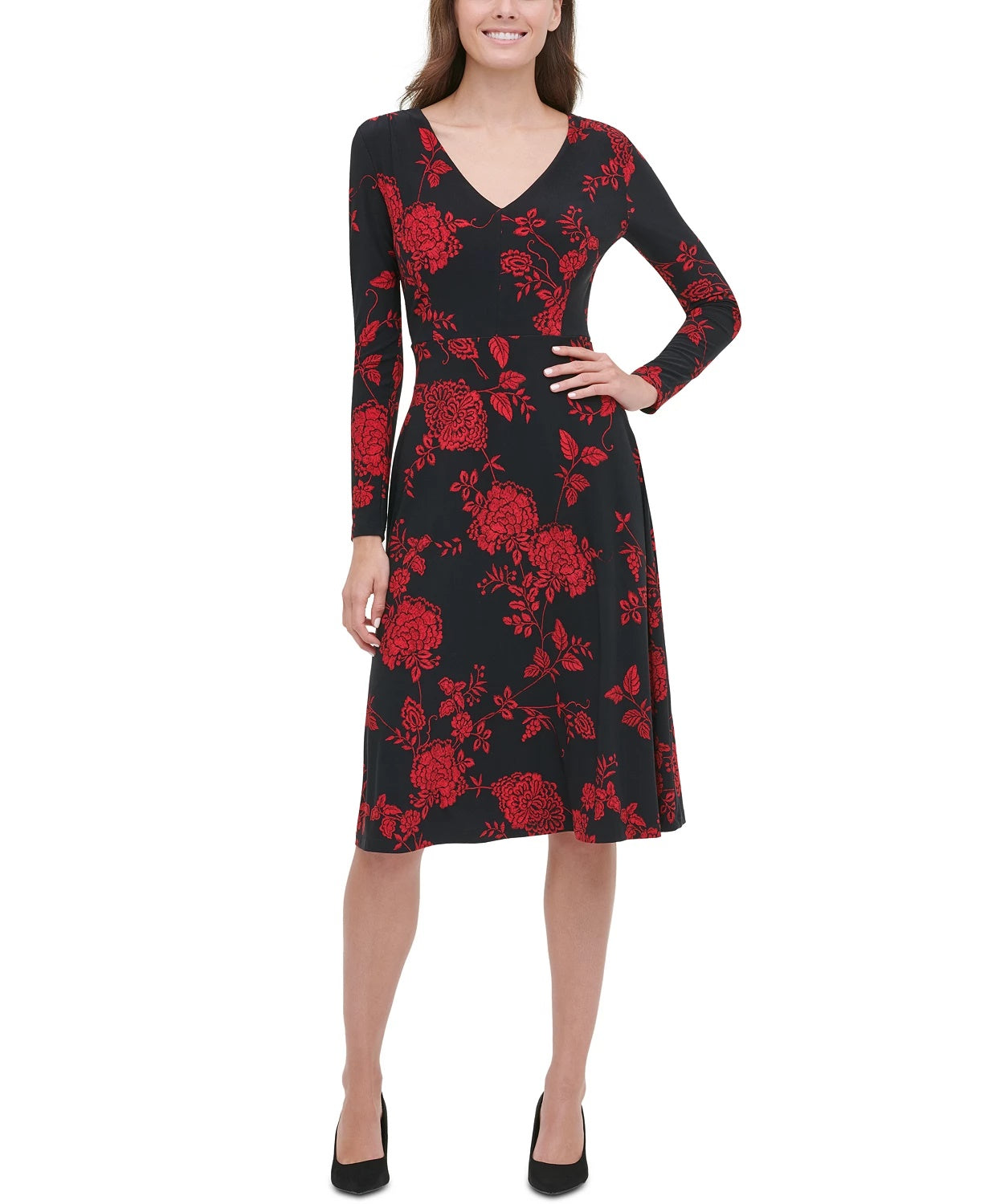 Tommy Hilfiger Women's Floral-Print Fit & Flare Dress Black Size 14