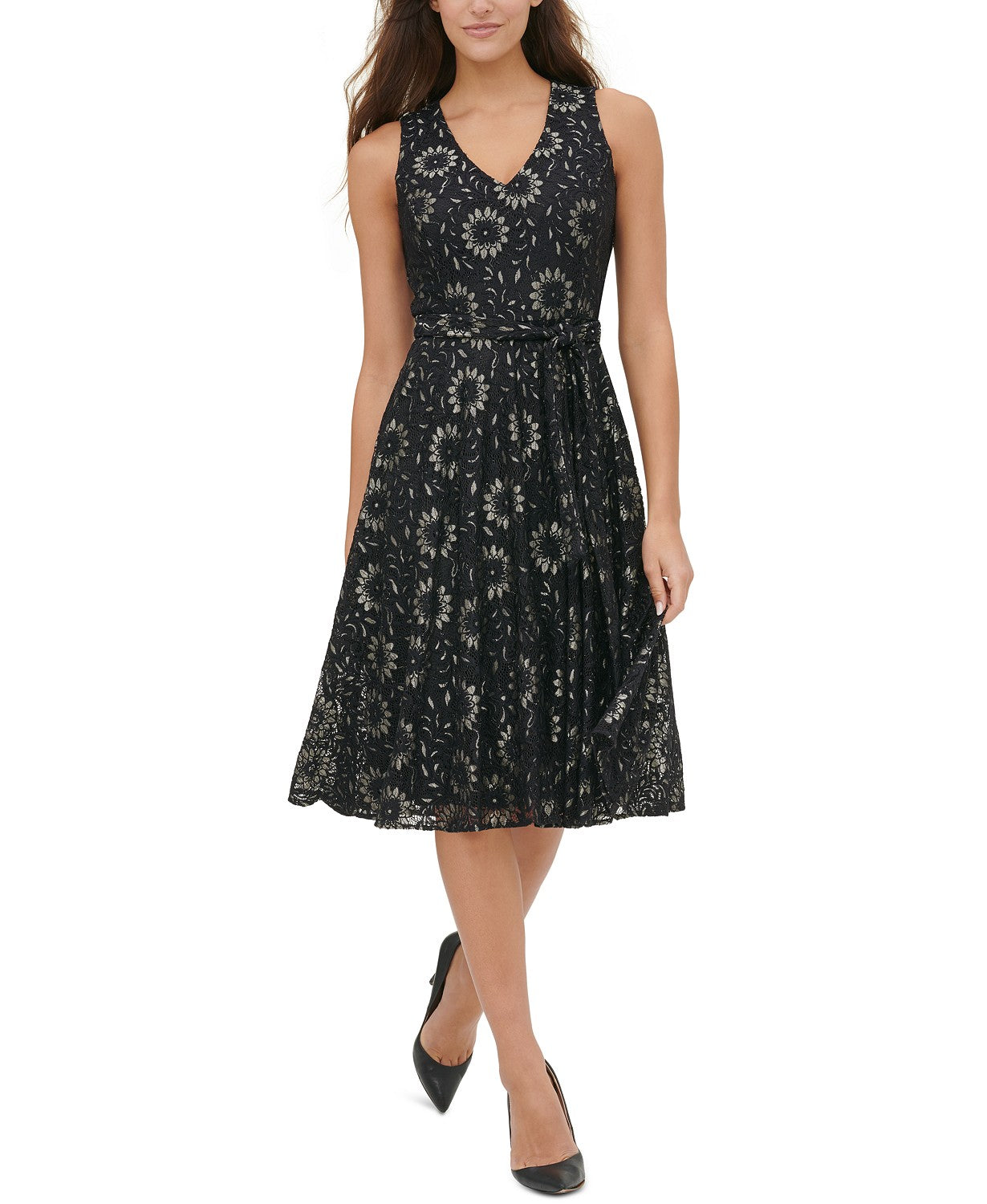 Tommy Hilfiger Women's Floral-Lace Fit & Flare Dress Gray Size 12
