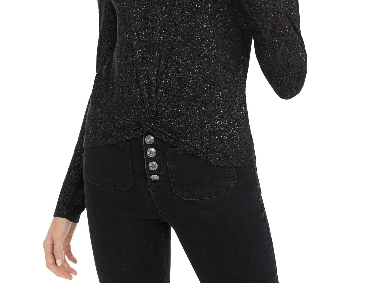 Planet Gold Juniors' Twist-Front Sparkly Ribbed Top Black Size Large