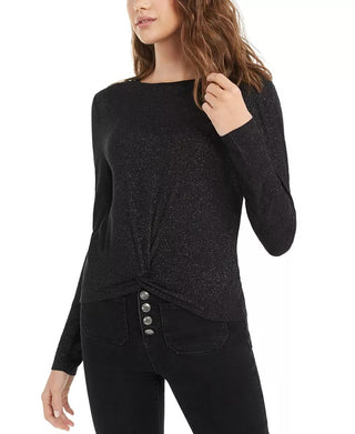 Planet Gold Juniors' Twist-Front Sparkly Ribbed Top Black Size Extra Small