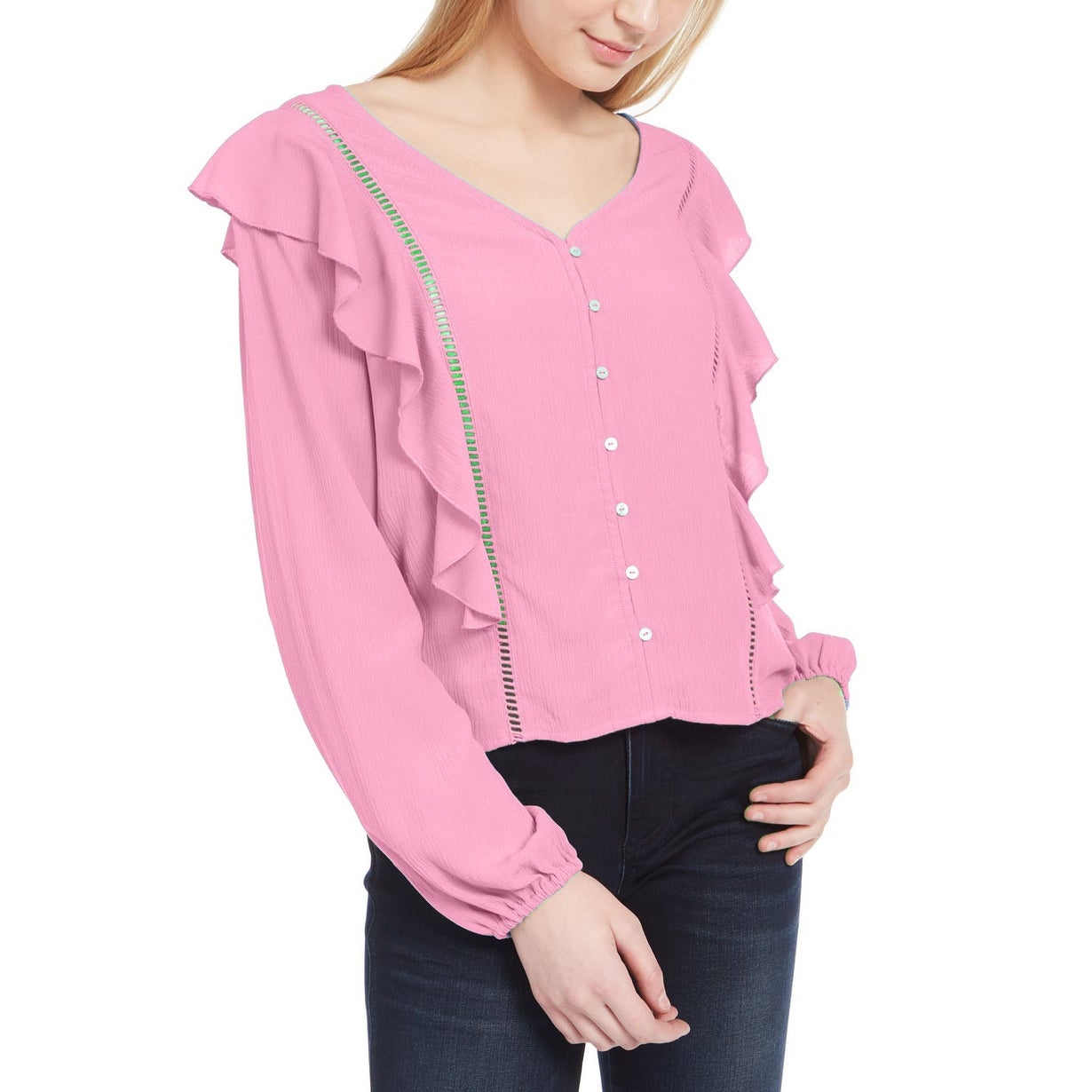 Planet Gold Juniors' Ruffle Jacquard Top Pink Size Small