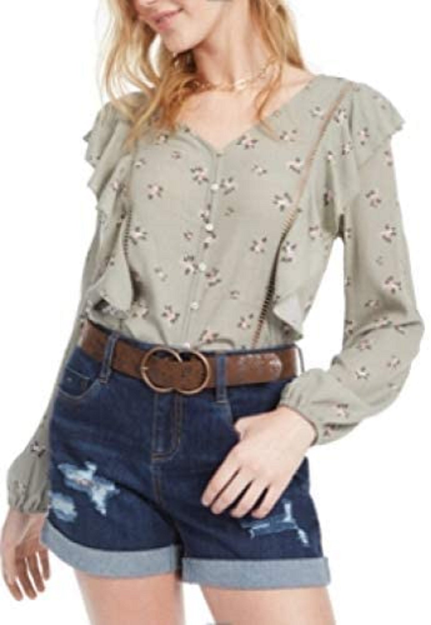 Planet Gold Juniors' Floral Ruffle Top Green Size Medium