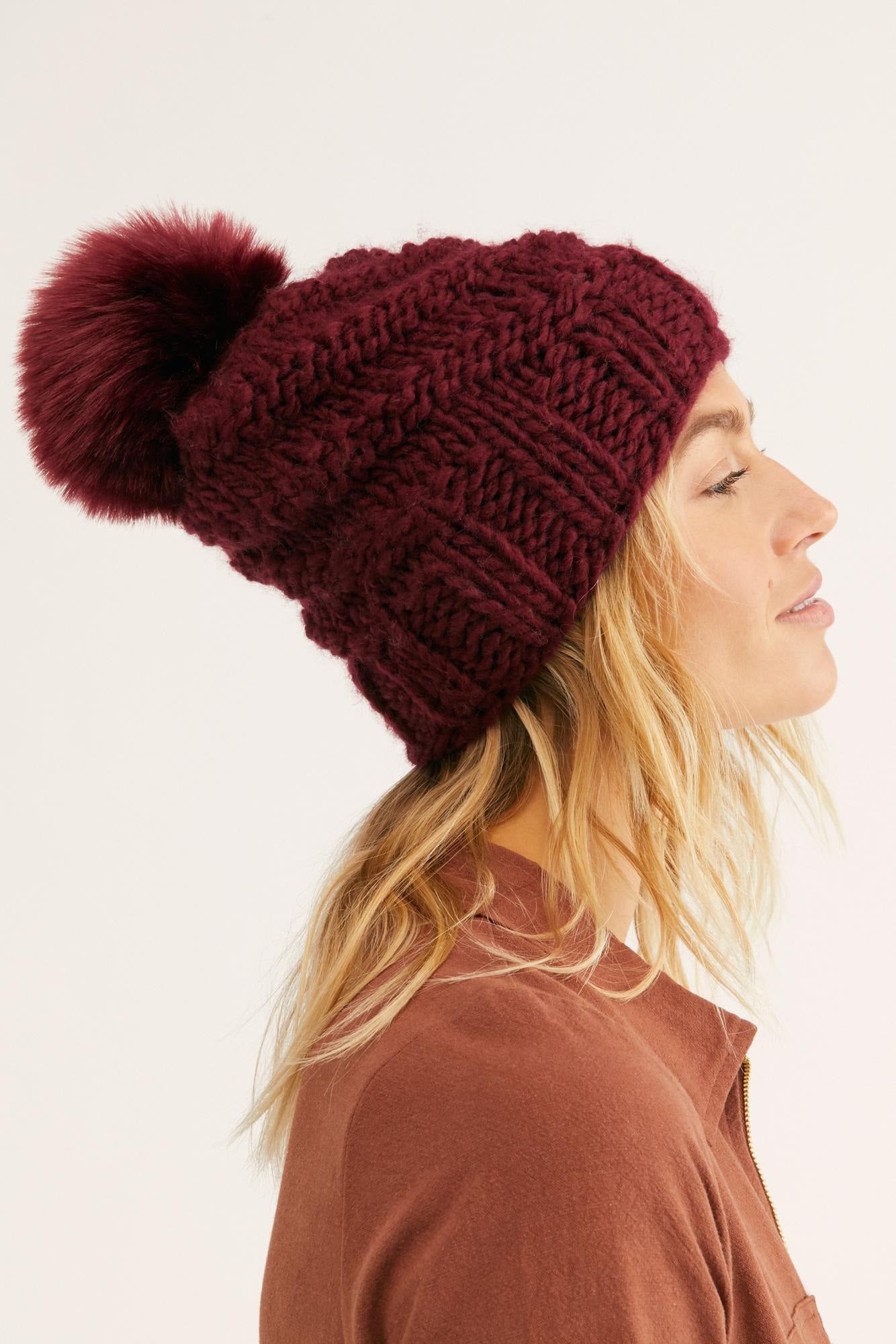 Free People Women's High Line Pom Beanie Hat Wine One Size