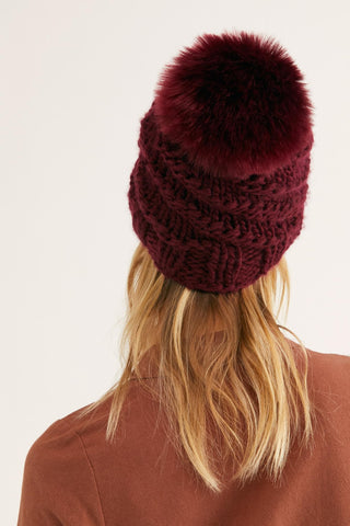 Free People Women's High Line Pom Beanie Hat Wine One Size