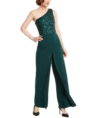Adrianna Papell Women's Beaded Crepe Jumpsuit Green Size 4 Petite