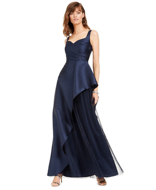 Adrianna Papell Women's Mikado Asymmetrical-Pleated Gown Navy Size 12