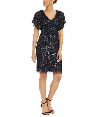 Adrianna Papell Women's Embellished Flutter-Sleeve Sheath Dress Navy Size 8