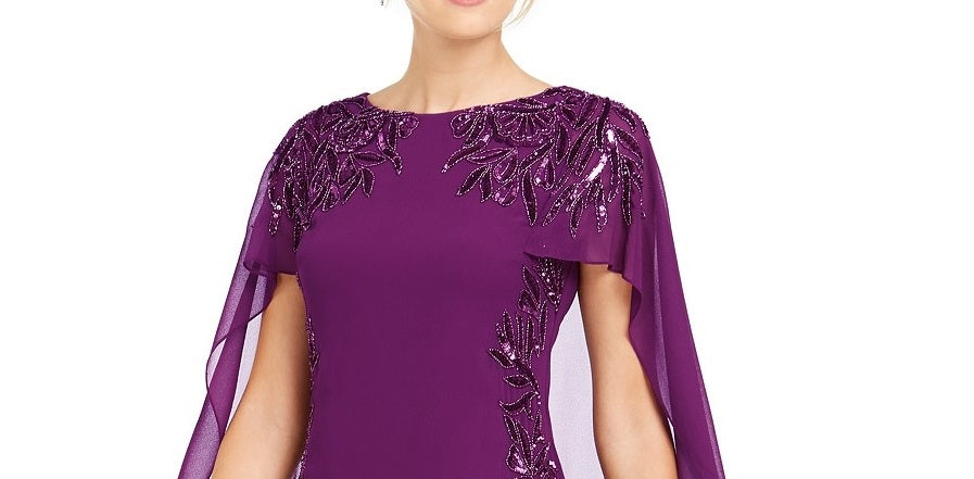 Adrianna Papell Women's Beaded Cape Sheath Dress Wildberry Size 10