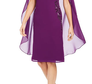 Adrianna Papell Women's Beaded Cape Sheath Dress Wildberry Size 10