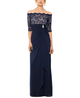 Betsy & Adam Women's Off-The-Shoulder Lace Gown Dark Blue Size 4