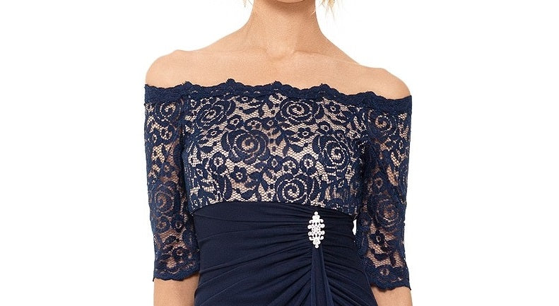 Betsy & Adam Women's Off-The-Shoulder Lace Gown Dark Blue Size 4