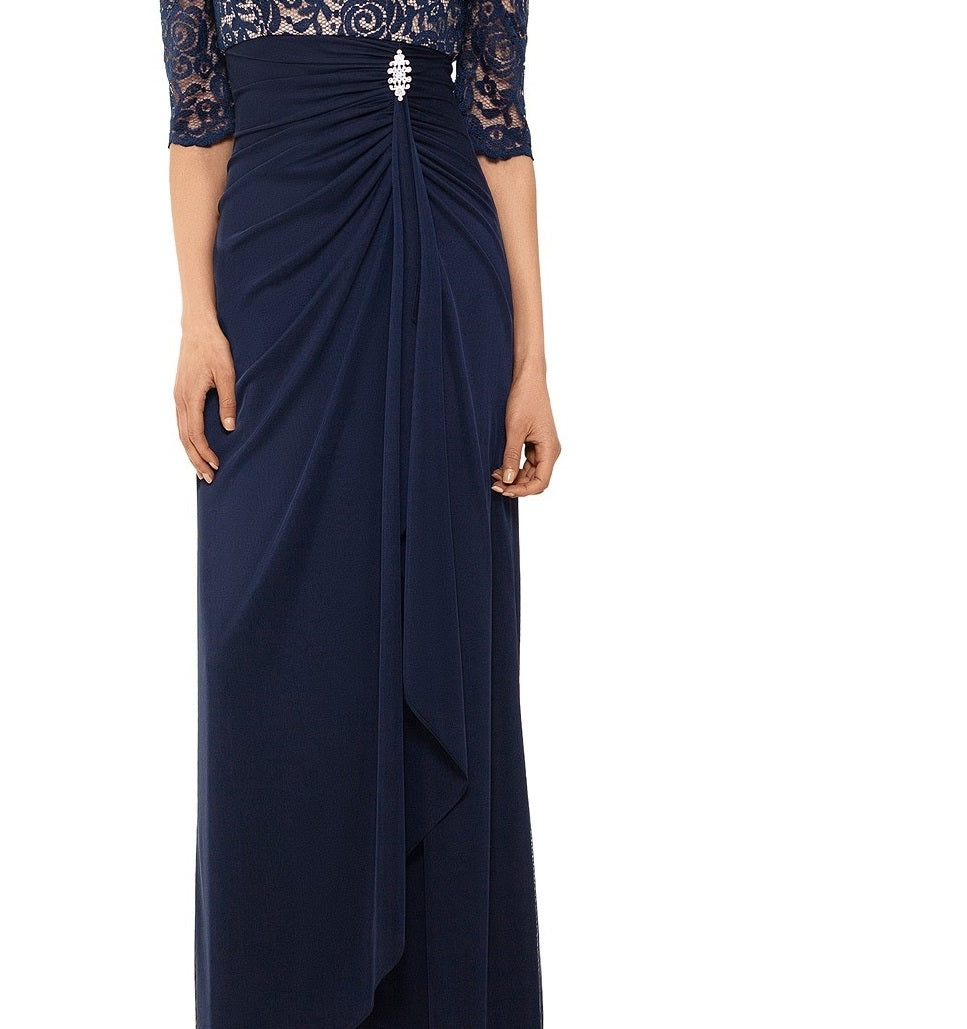 Betsy & Adam Women's Off-The-Shoulder Lace Gown Dark Blue Size 4
