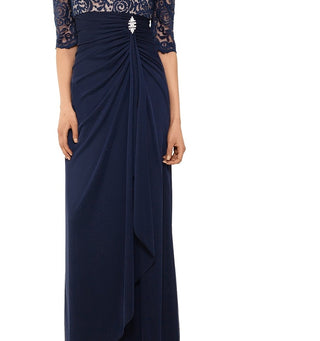 Betsy & Adam Women's Off-The-Shoulder Lace Gown Dark Blue Size 4