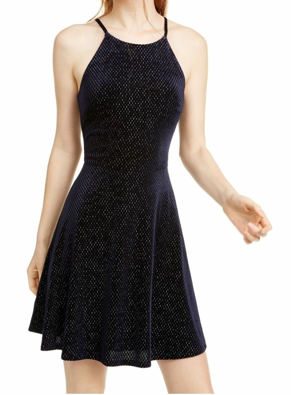 Rosie Harlow Juniors' Sparkle Halter Neck Skater Dress Blue Size Small