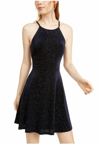 Rosie Harlow Juniors' Sparkle Halter Neck Skater Dress Blue Size Extra Small