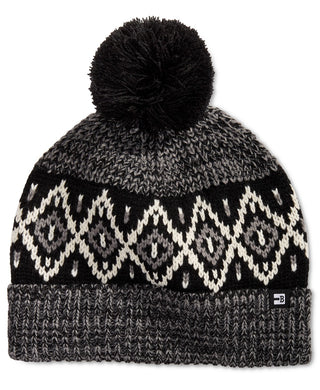 Block Hats Men's Ribbed Knit Air Isle Beanie with Pom Black One SIze