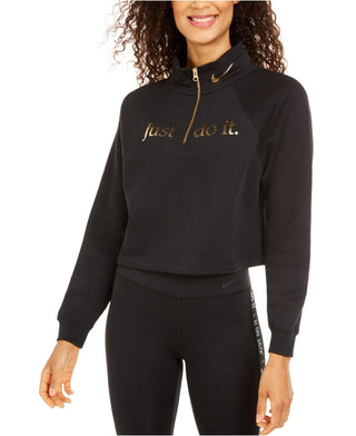 Nike Women's Sportswear Shine Metallic-Graphic Half-Zip Top Black Size Extra Small
