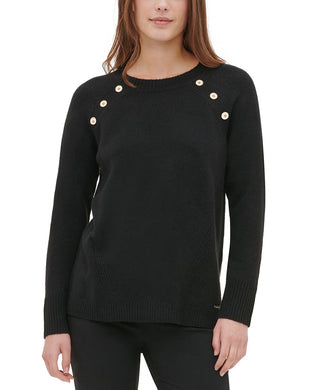 Calvin Klein Women's Button-Detail Crewneck Sweater Black Size Extra Large