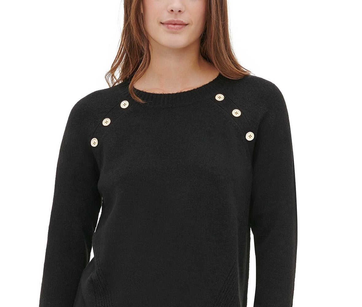 Calvin Klein Women's Button-Detail Crewneck Sweater Black Size Extra Large