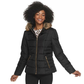 Celebrity Pink Juniors' Puffer Coat With Faux Fur Trim Hood Black Size Medium