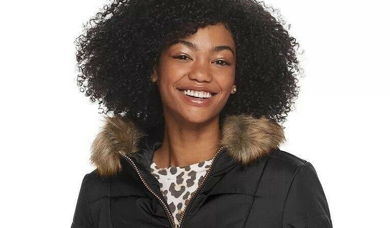 Celebrity Pink Juniors' Puffer Coat With Faux Fur Trim Hood Black Size Medium