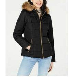 Celebrity Pink Juniors' Puffer Coat With Faux Fur Trim Hood Black Size Large