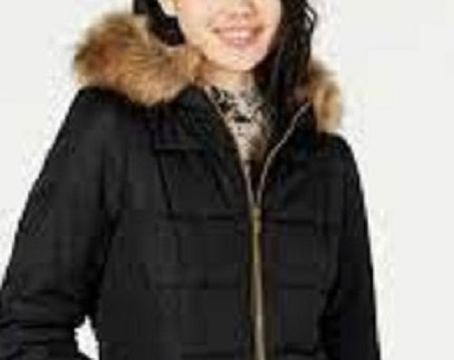 Celebrity Pink Juniors' Puffer Coat With Faux Fur Trim Hood Black Size Large