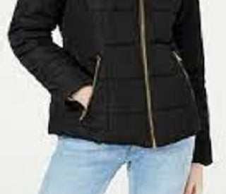 Celebrity Pink Juniors' Puffer Coat With Faux Fur Trim Hood Black Size Large