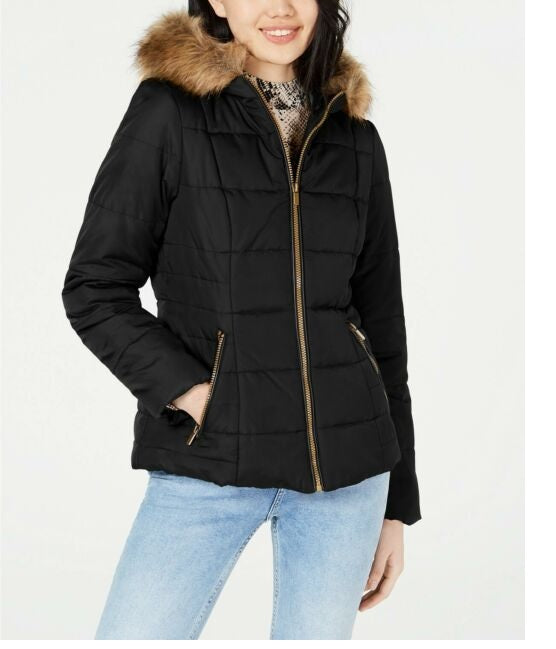 Celebrity Pink Juniors' Puffer Coat With Faux Fur Trim Hood Black Size Extra Small