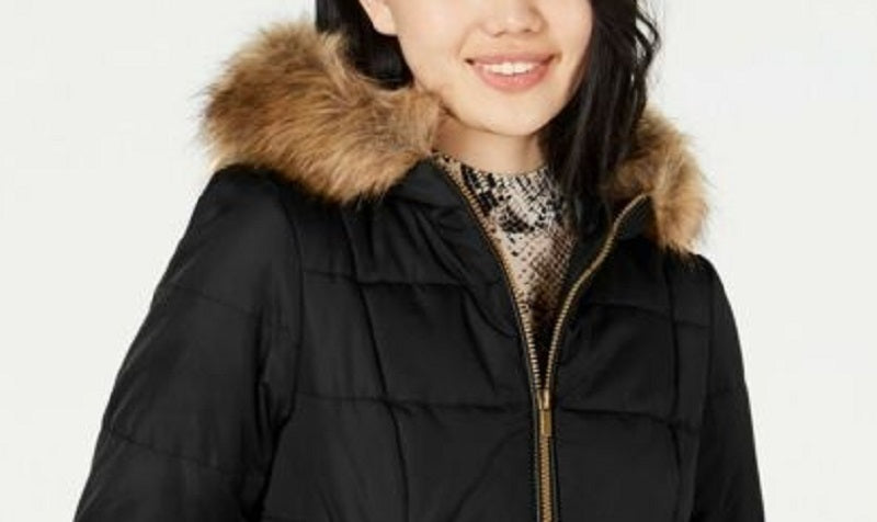 Celebrity Pink Juniors' Puffer Coat With Faux Fur Trim Hood Black Size Extra Small