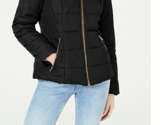 Celebrity Pink Juniors' Puffer Coat With Faux Fur Trim Hood Black Size Extra Small