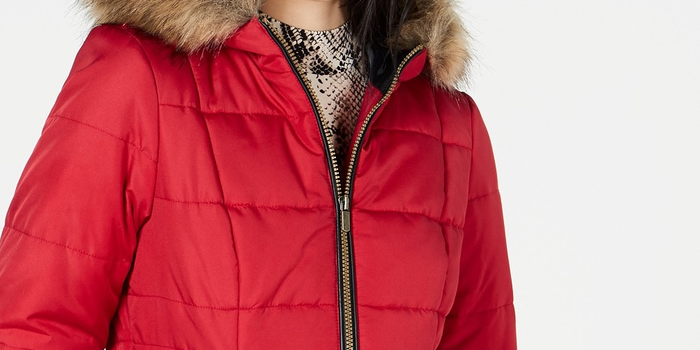 Celebrity Pink Juniors' Puffer Coat With Faux Fur Trim Hood True Red Size Large