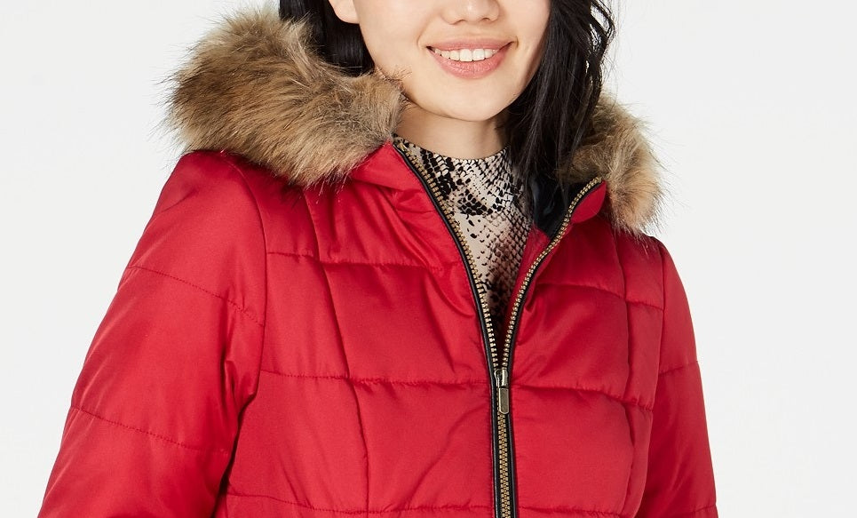 Celebrity Pink Juniors' Puffer Coat With Faux Fur Trim Hood Red Size Small