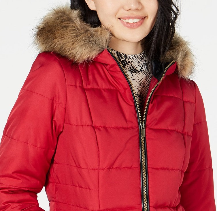 Celebrity Pink Juniors' Puffer Coat With Faux Fur Trim Hood Red Size X-Small