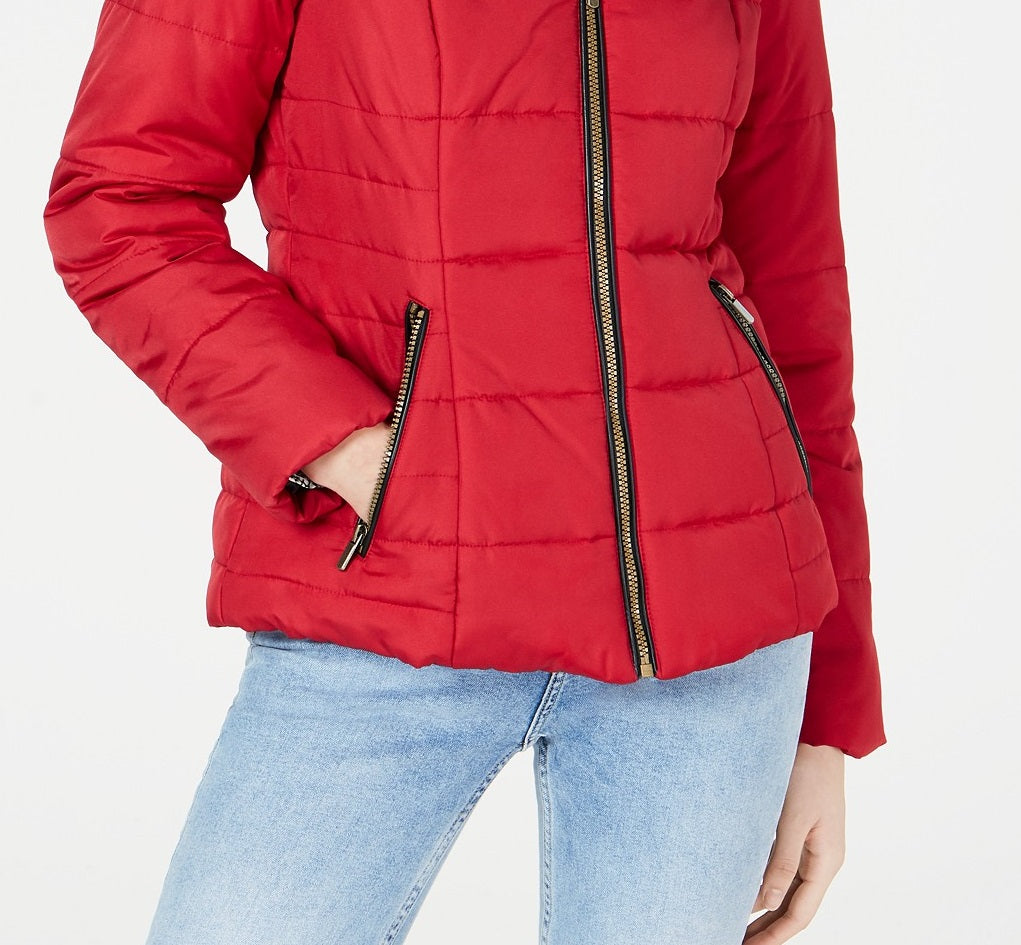 Celebrity Pink Juniors' Puffer Coat With Faux Fur Trim Hood Red Size X-Small