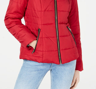 Celebrity Pink Juniors' Puffer Coat With Faux Fur Trim Hood Red Size X-Small