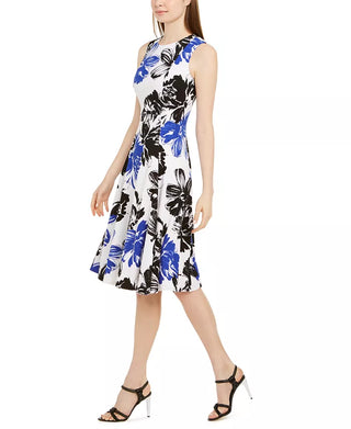 Calvin Klein Women's Big Floral Printed Midi Dress Blue Size 10