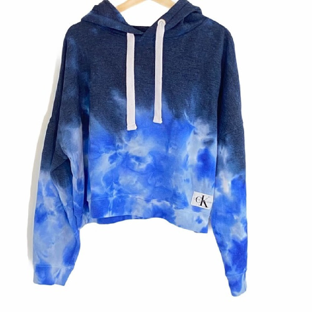 Calvin Klein Women's High Tide Tie-Dyed Cropped Hoodie Blue Size Medium